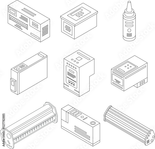 Cartridge icons set. Isometric set of cartridge vector icons outline thin lne isolated on white