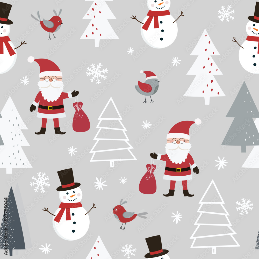 Christmas seamless pattern with Santa Claus, snowman, birds, christmas tree and snowflakes. Can be used for fabric, wrapping paper, scrapbooking, textile and other design. Flat style. Christmas seamless pattern with Santa Claus, snowman, birds, christmas tree and snowflakes. Can be used for fabric, wrapping paper, scrapbooking, textile and other design. Flat style.