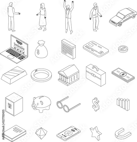 Millionaire icons set. Isometric set of millionaire vector icons outline thin lne isolated on white