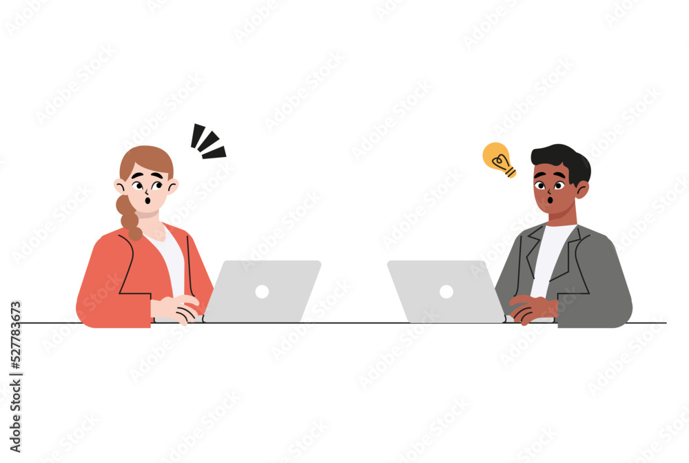 Smiling diverse people working on computer online brainstorm generate creative idea. Surprised men and women use laptops think of good innovation. Remote internet job. Flat vector illustration isolate