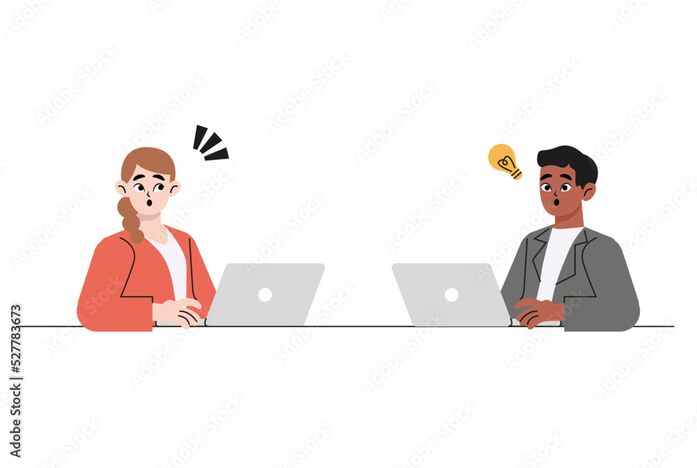 Smiling diverse people working on computer online brainstorm generate creative idea. Surprised men and women use laptops think of good innovation. Remote internet job. Flat vector illustration isolate Smiling diverse people working on computer online brainstorm generate creative idea. Surprised men and women use laptops think of good innovation. Remote internet job. Flat vector illustration isolate