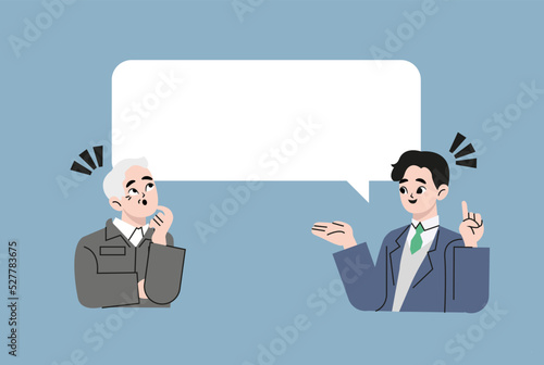 Male businessperson explaining to a senior male. Flat vector illustration isolated with place to text