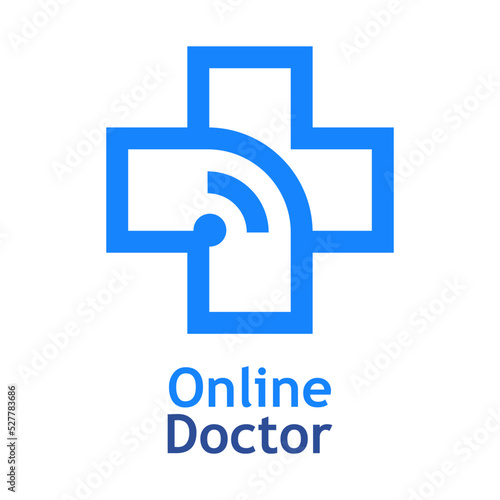 Telemedicina. Logo de médico en línea. Atención médica remota. Silueta de cruz medicina con olas aislada