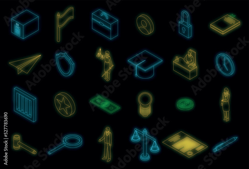Justice icons set. Isometric set of justice vector icons neon color on black