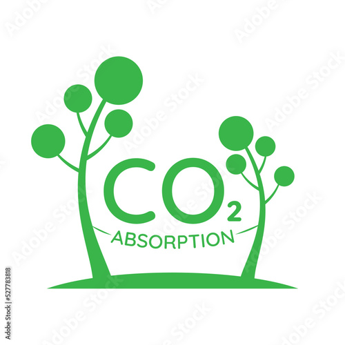 co2 absorption logo with two trees and text. carbon dioxide pollution. ecology and environment symbol. isolated vector image in flat style.