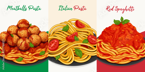 Italian pasta noodles with meatballs and sauce. 
Red pasta spaghetti noodles menu close up illustration vector. Italian pasta noodles with tomato and basil.
