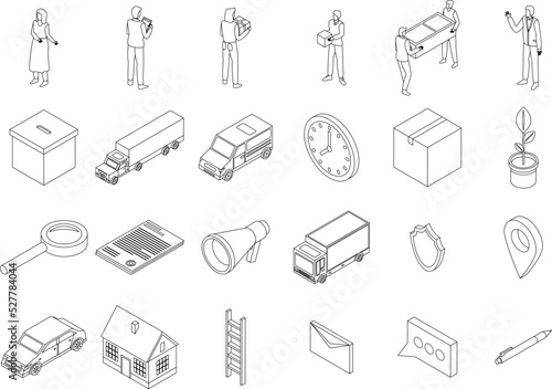 Relocation icons set. Isometric set of relocation vector icons outline thin lne isolated on white
