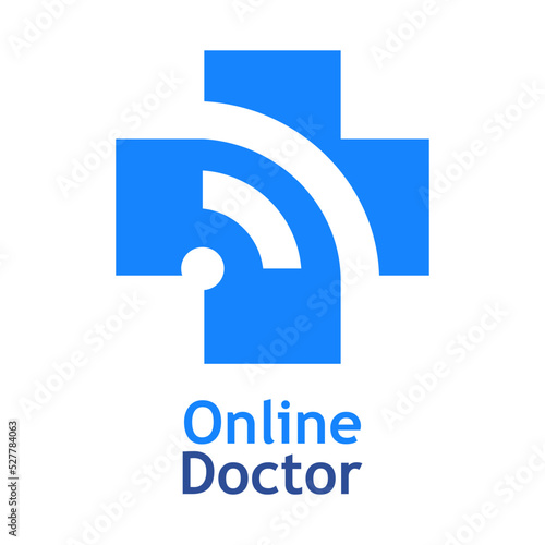 Telemedicina. Logo de médico en línea. Atención médica remota. Silueta de cruz medicina con olas aislada