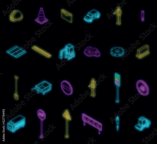 Road repair icons set. Isometric set of road repair vector icons neon color on black