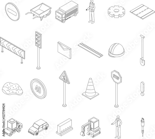 Road repair icons set. Isometric set of road repair vector icons outline thin lne isolated on white