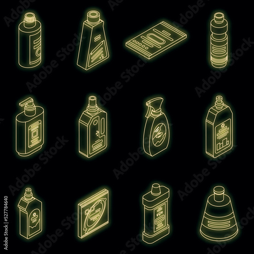 Bleach icons set. Isometric set of bleach vector icons neon color on black