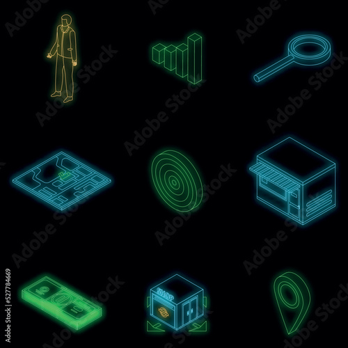 Franchise icons set. Isometric set of franchise vector icons neon color on black