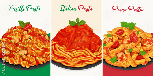 Italian fusilli pasta noodles with mushroom and tomato.
Red pasta spaghetti noodles menu close up. Healthy penne pasta spaghetti noodles menu. Famous italian pasta set menu banner illustration vector.