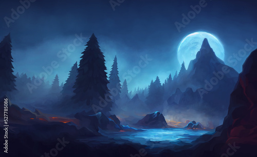 Night Scene with a Moon, Digital Art Style, Stylized Game Art Painting