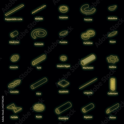 Fusilli pasta icons set. Isometric set of fusilli pasta vector icons neon color on black