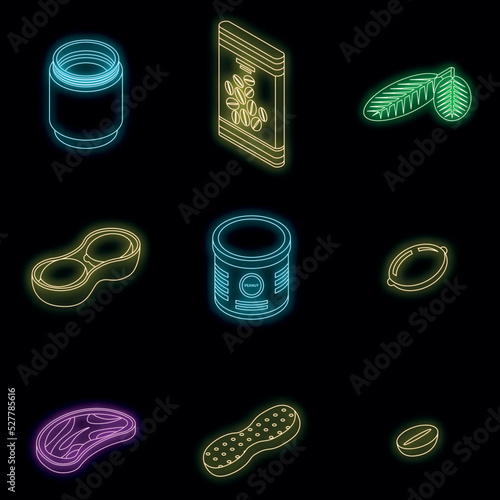 Peanut icons set. Isometric set of peanut vector icons neon color on black