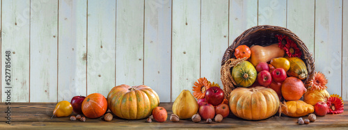 Thanksgiving day background with empty copy space. Pumpkin harvest in wicker basket. Squash, orange vegetable autumn fruit, apples, and nuts on a wooden table. Halloween decoration fall design photo