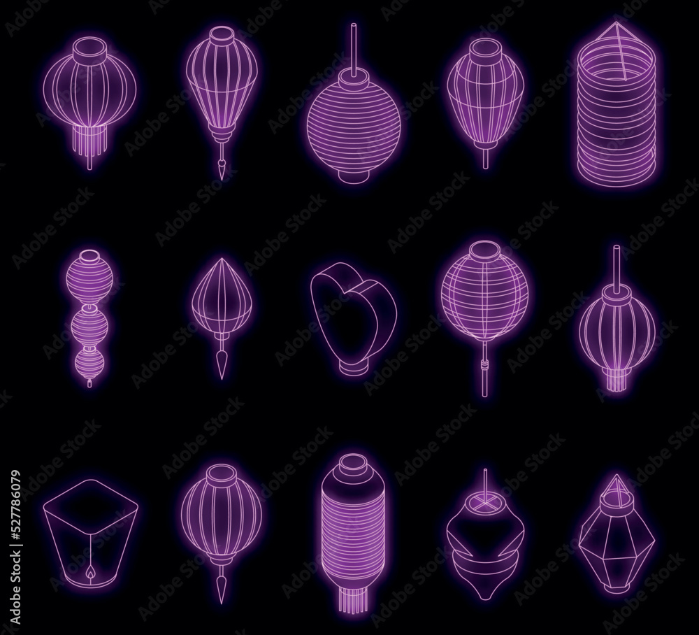 Chinese lantern icons set. Isometric set of chinese lantern vector icons neon color on black