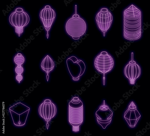 Chinese lantern icons set. Isometric set of chinese lantern vector icons neon color on black