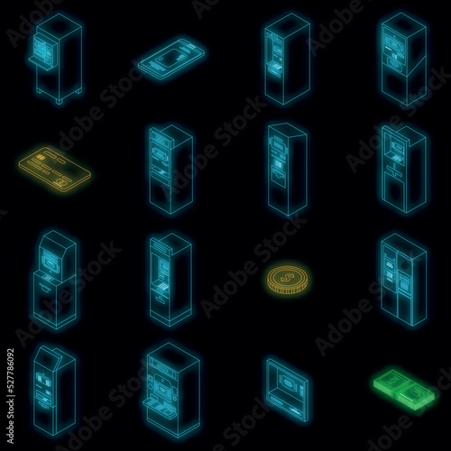 Atm machine icons set. Isometric set of atm machine vector icons neon color on black