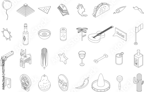 Mexico icons set. Isometric set of Mexico vector icons outline thin lne isolated on white