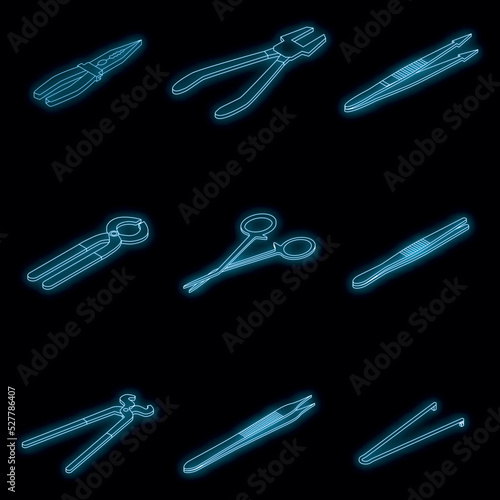 Forceps icons set. Isometric set of forceps vector icons neon color on black