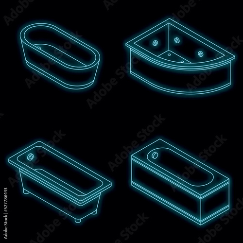 Bathtub icons set. Isometric set of bathtub vector icons neon color on black