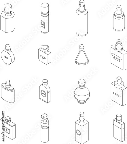 Fragrance bottles icons set. Isometric set of fragrance bottles vector icons outline thin lne isolated on white