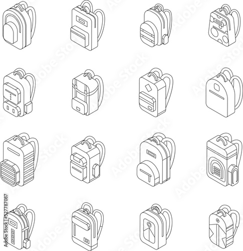 Backpack icons set. Isometric set of backpack vector icons outline thin lne isolated on white