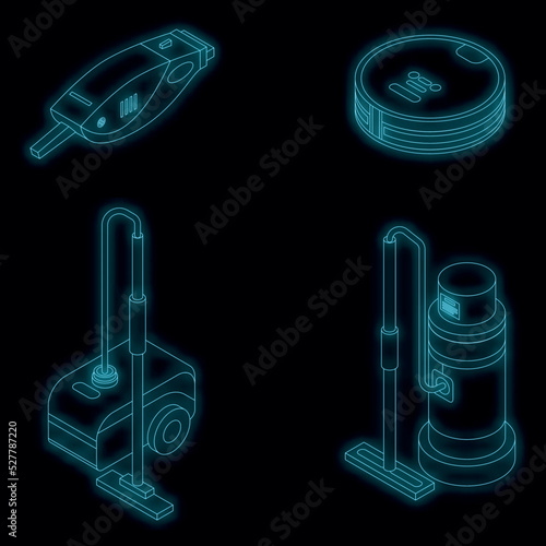 Vacuum cleaner icons set. Isometric set of vacuum cleaner vector icons neon color on black