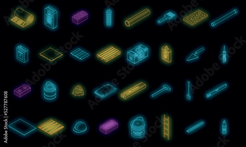 Construction materials icons set. Isometric set of construction materials vector icons neon color on black