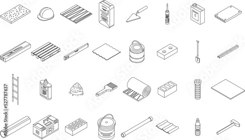 Construction materials icons set. Isometric set of construction materials vector icons outline thin lne isolated on white
