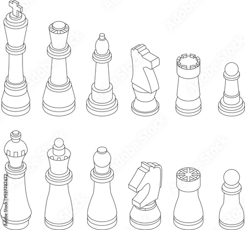 Chess icons set. Isometric set of chess vector icons outline thin lne isolated on white
