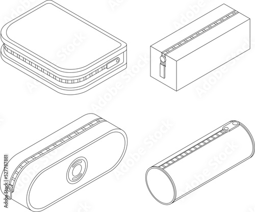 Pencil case icons set. Isometric set of pencil case vector icons outline thin lne isolated on white