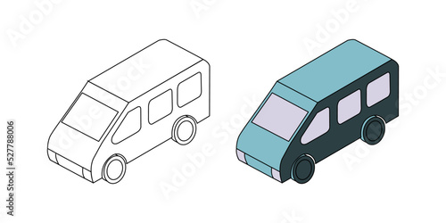 Vector illustration in 3d projection of a cartoon van. Isolated on a white background. White and blue van in isometric view.