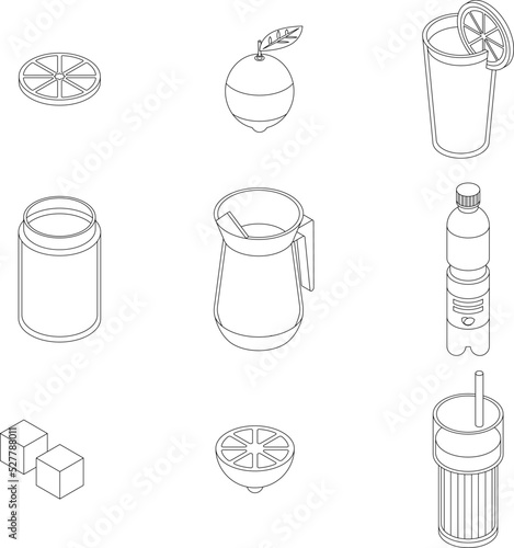 Lemonade icons set. Isometric set of lemonade vector icons outline thin lne isolated on white