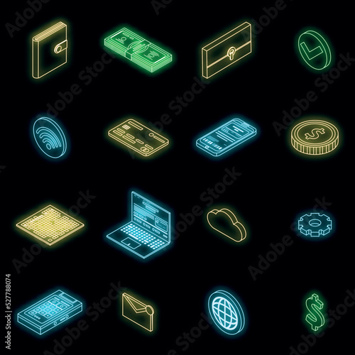 Digital wallet icons set. Isometric set of digital wallet vector icons neon color on black