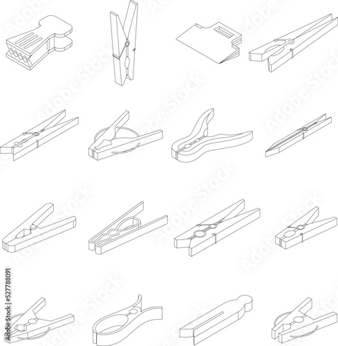 Clothes pins icons set. Isometric set of clothes pins vector icons outline thin lne isolated on white