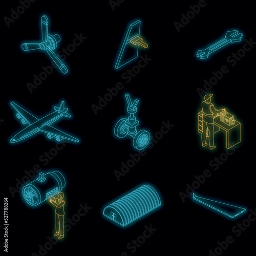 Aircraft repair icons set. Isometric set of aircraft repair vector icons neon color on black