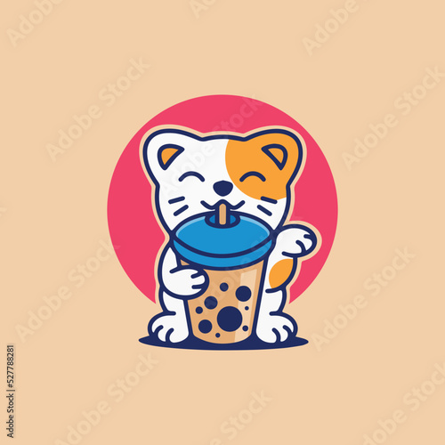 Cute Lucky Cat Boba Tea Logo Template