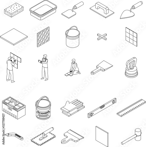 Tiler icons set. Isometric set of tiler vector icons outline thin lne isolated on white