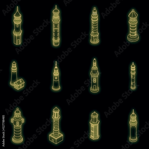Lighthouse icons set. Isometric set of lighthouse vector icons neon color on black