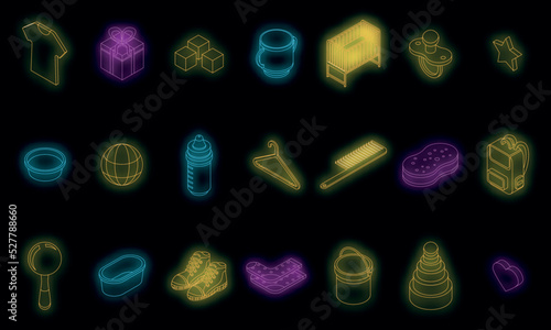 Baby items icons set. Isometric set of baby items vector icons neon color on black