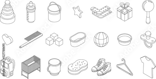 Baby items icons set. Isometric set of baby items vector icons outline thin lne isolated on white