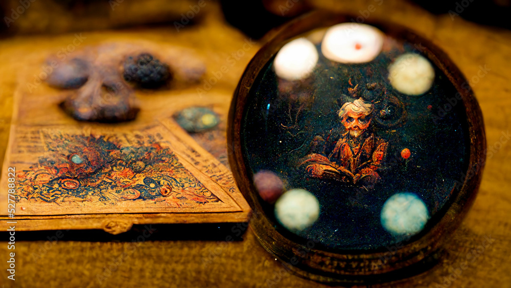 Crystal ball of death of a psychic witch or a skeleton fortune teller Crystal ball of death of a psychic witch or a skeleton fortune teller