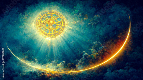 Canvastavla Golden zodiac shining in the sky and clouds to illustrate the power of astrology