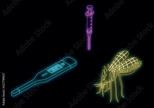 Zika virus icons set. Isometric set of zika virus vector icons neon color on black