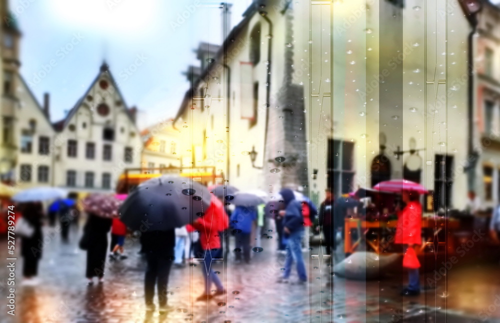 Rainy city  view from window ,people walk with umbrellas medieval houses tourist in Tallinn old town Autumn weather