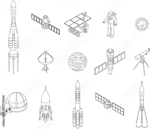 Space research technology icons set. Isometric set of space research technology vector icons outline thin lne isolated on white