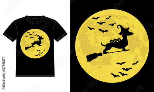 Dachshund Witch in Moon Funny Halloween T-Shirt